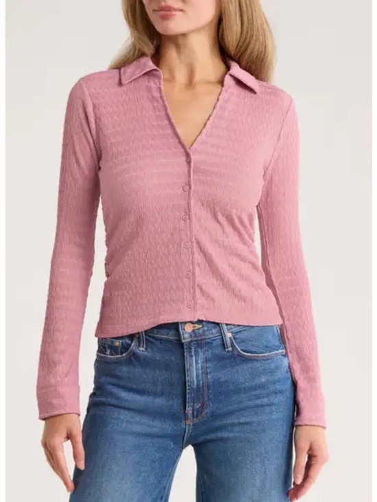 Dkny Tops - Mauve Slim Fit Textured Button-Front Long-Sleeve